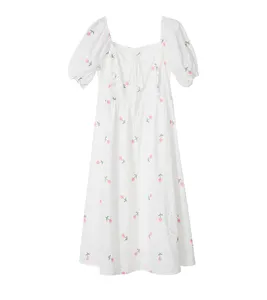 White cotton pink embroidery flower girl dress women short sleeves sweet European lady cut-out midi dress side invisible zipper