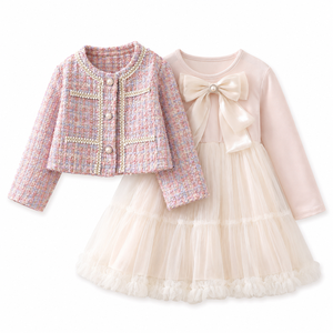 Completo 2 pezzi per <span class=keywords><strong>bambina</strong></span> 2026: Giacca in tweed francese a maniche lunghe e vestito in tulle traspirante per feste, abbigliamento <span class=keywords><strong>da</strong></span> principessa, boutique per bambini, lusso discreto - Product Image 1