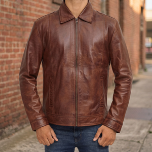 Unisex <b>Brown</b> Genuine <b>Leather</b> Casual Moto <b>Jacket</b> Turn-down Collar Zipper Closure Regular Fit Winter Wear High Quality - Product Image 3