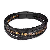 Bracelet Tressé Fait Main en Cuir Synthétique Noir Double Couche Fermoir en Acier Inoxydable Tressé Multi-Couche Bracelet Tendance