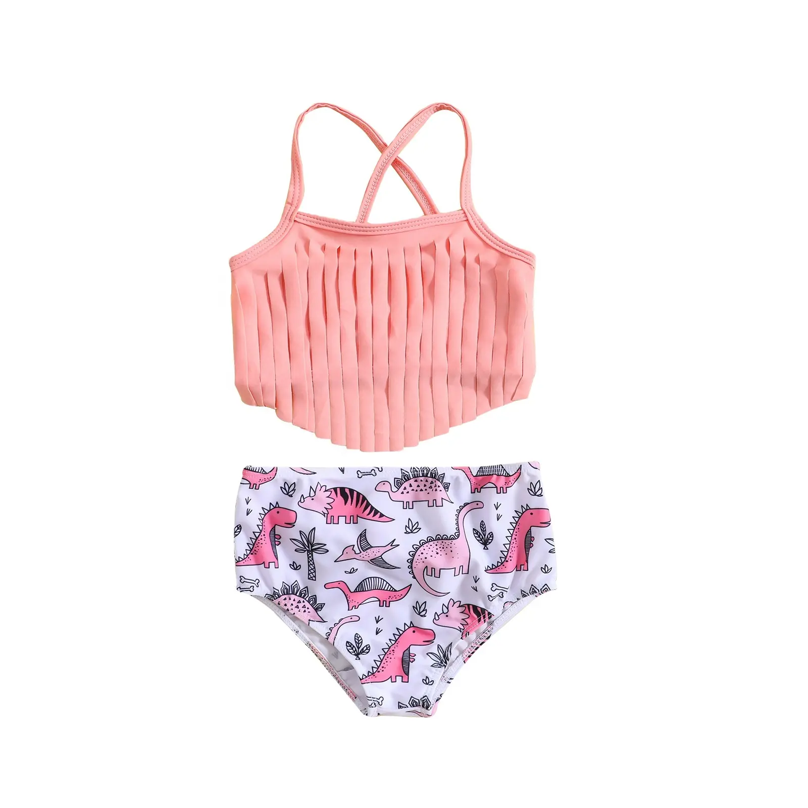 Conjunto de baño para niñas de 3 piezas al por mayor, traje de baño con estampado de dinosaurio, bikini para parque infantil con lazo bonito para piscina y playa con espalda cruzada rosa