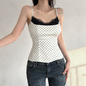 Y2K Sweet Edgy Polka Dot Tank Top - Lace Panel Color Block <b>Spaghetti</b> <b>Strap</b> Camisole - Product Image 2