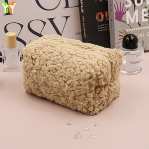 Winter fleece zippered <b>toiletry</b> bag, travel and home skincare product <b>storage</b> bag, cream color. - Product Image 1