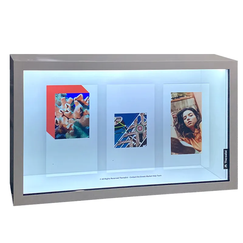 Panneau publicitaire lcd 3d de 86 pouces, boîte d'affichage lcd transparente avec écran tactile capacitif, vitrine transparente