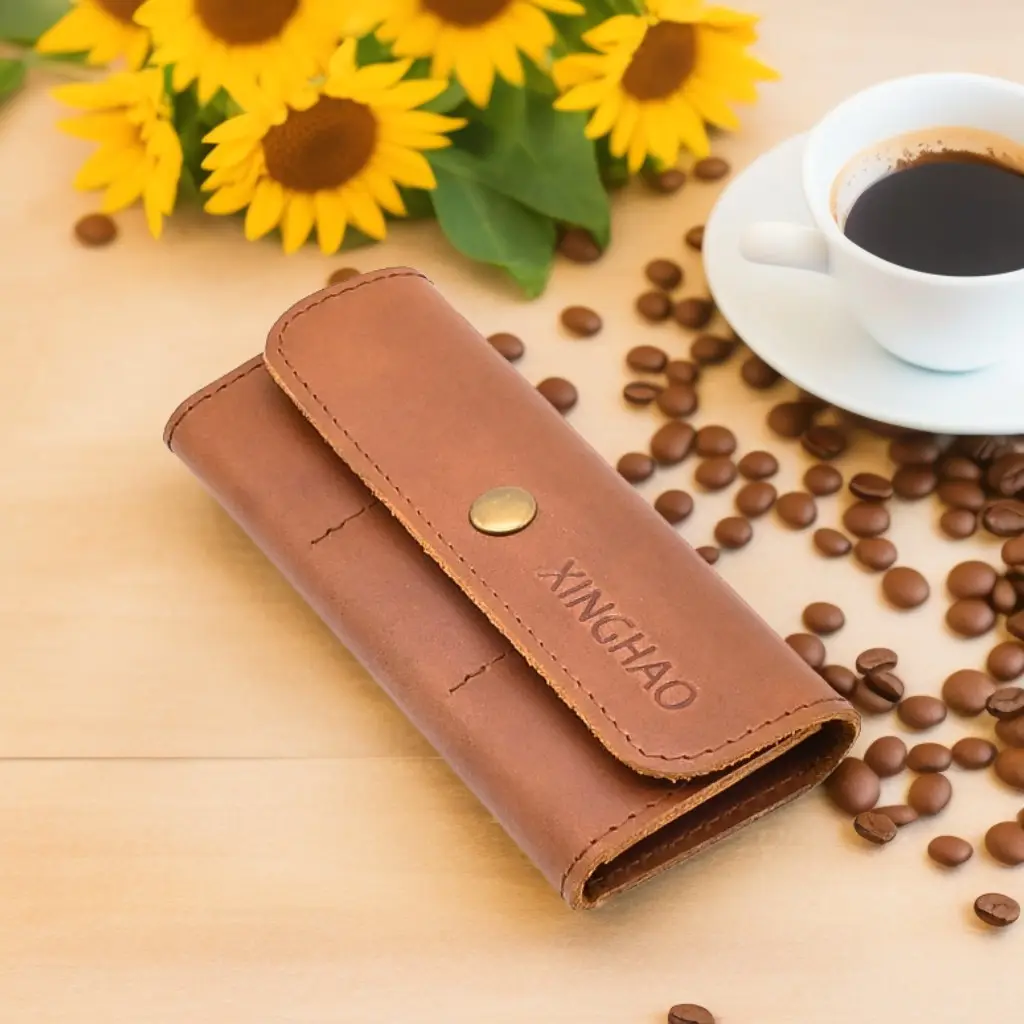 Custom Logo Portable Brown Genuine Leather 6 Slots Memory Card Holder Pouch For Camera