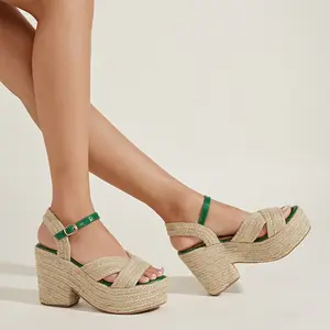Xinzirain定制女式夏季高跟鞋平台楔形编织亚麻纹理帆布鞋女式凉鞋夏季别致