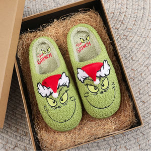 Chaussons d'intérieur en fourrure pour couples, style dessin animé Grinchmas Green <span class=keywords><strong>Grinch</strong></span>, design de Noël, en stock, prêts à être expédiés - Product Image 1