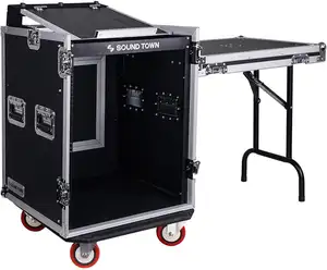 Sound Town 14U PA DJ Rack Road ATA Case Aluminium avec 11U Slant Mixer Top 20 Rack Able Depth, DJ Work Table and Casters 14 Space