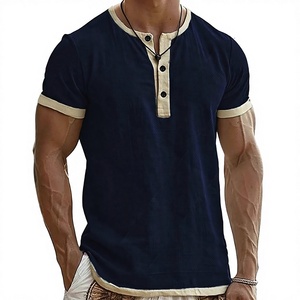 <b>Men's</b> Navy Slim Fit <b>Henley</b> T <b>Shirt</b> Short Sleeve V Neck Contrast Trim Button Solid Tee - Product Image 2