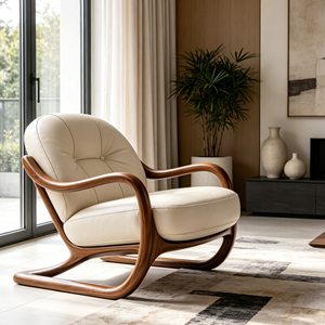 Fauteuil <span class=keywords><strong>de</strong></span> loisirs Loop Sled Base avec structure en bois massif et accoudoirs courbes, coussin en cuir crème capitonné <span class=keywords><strong>pour</strong></span> coin <span class=keywords><strong>de</strong></span> fenêtre <span class=keywords><strong>de</strong></span> style Mid-Century - Product Image 5