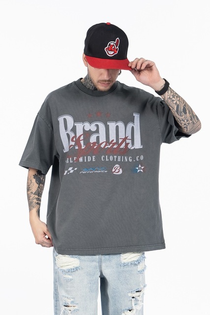 Men's Street Style Crewneck Short Sleeve Shirt with Letter Print Cotton Loose Fit 300g Fabric Weight-Spring/Summer 2026 New Wash