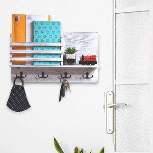 Organisateur mural rustique en bois blanc, étagère flottante <span class=keywords><strong>avec</strong></span> crochets à clés pour l'entrée, le rangement, pour le salon - Product Image 1