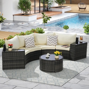 Ensemble de mobilier de patio modulable rond 7 pièces, <span class=keywords><strong>table</strong></span> basse demi-lune en rotin tressé et verre, canapé d'extérieur résistant aux intempéries pour jardin - Product Image 2