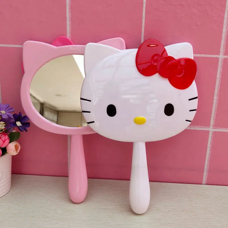New Arrival Hellokitty Cute Cosmetic Household Handle Creativity DIY Makeup Crystal Portable Makeup Mirror