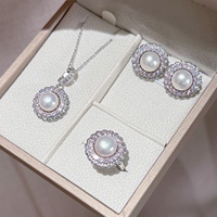 Bunga Matahari Valentine 3  Set Perhiasan, Kalung Anting Cincin, Mutiara Air Tawar Budidaya 9-10mm Bertatahkan Zirkonia Kubik