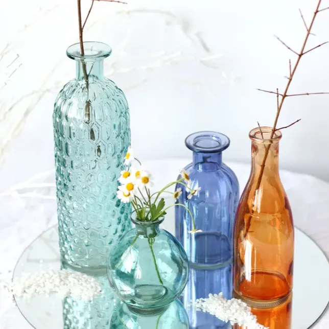 Popular cor claro vidro vaso estilo pequena boca vidro garrafa inserido vaso agregado familiar artefato decoração