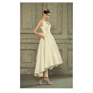Queen gaun malam pernikahan Satin Prancis, Gaun lipit pita kupu-kupu punggung terbuka leher V elegan kualitas tinggi