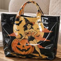 Sac fourre-tout vintage grande capacité en PVC avec imprimé citrouille sorcière d'Halloween, imperméable et réutilisable, pour le shopping des fêtes, sac à main pour femme