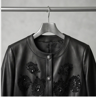 Veste en cuir de mouton noir pour femme, col rond, boutons pression perlés, broderie florale 3D en cristal, manteau court de luxe