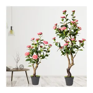 PZ-4-83/84 Goedkope Prijs Faux Bloeiende Camellia Roze Bloesem Bloemenplant In Zwarte Pot Kunstmatige Camellia Vormsnoei Bloemboom