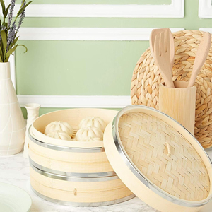Vente chaude 2024, cuiseur vapeur en bambou écologique à 2 étages avec panier de taille personnalisée, compatible gaz et induction, pour ustensiles de cuisine - Product Image 6
