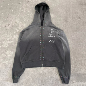 Hoodie court zippé unisexe en molleton français, effet délavé à l'acide, avec strass et impression graffiti personnalisée de luxe, style usé - Product Image 2