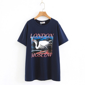 Happy Print T-shirt pour femme grande taille bleu marine en coton glacé imprimé cormorans été manches courtes TN6431 - Product Image 3