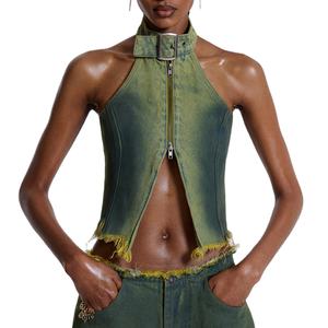 Top da donna alla moda con fibbia in stile Y2K da donna con chiusura a Zip in <span class=keywords><strong>Denim</strong></span> con orlo sfilacciato grezzo - Product Image 1