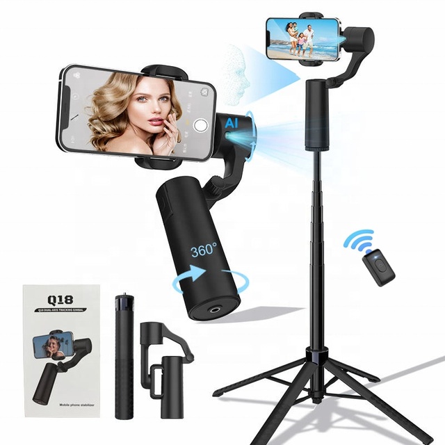 2 in 1 AI Face Tracking Stabilizer Gimbal 180CM 360 Rotate Handheld 2 Axis Gimbal Tripod Gesture Remote Control Selfie Stick