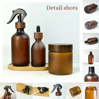 Ensemble de soins de la peau en PET incassable et léger avec couvercle en bois de noyer, flacon pulvérisateur à gâchette et pot compte-gouttes, vente en gros en vrac, différentes tailles, personnalisable