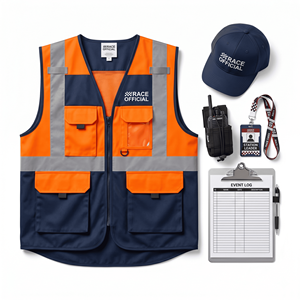 Kit Personalizado para Líder de Equipo de Carreras de Carretera con Chaleco de Trabajo, Gorra, Bolsa para Radio, Porta Identificación y Portapapeles - Product Image 1