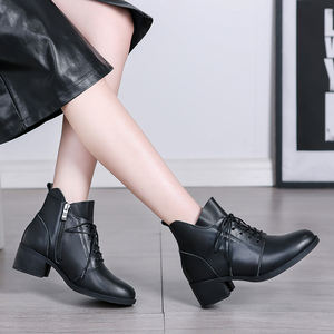 Botines de Mujer de Cuero Vacuno Genuino de Lujo para Primavera, Otoño e Invierno, Forro de Felpa Cálido, Tacón Grueso, Transpirables, con Cordones, Cómodos - Product Image 2