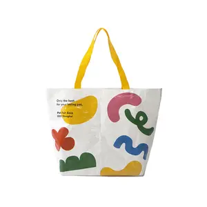 Yellow White Woven Laminated Tote Customized LOGO Print Design Recycle PP Woven Laminated Shopping Tote Bag