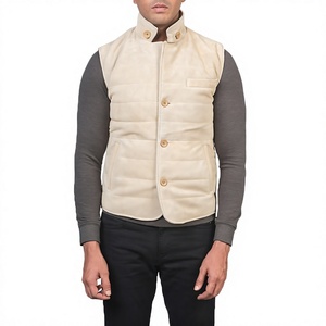 Chaleco Acolchado Beige para Hombre, Cuello Camisero, Cierre de Botón, Cortavientos, Ropa de Invierno Informal, Color Sólido, Relleno de Poliéster - Product Image 5