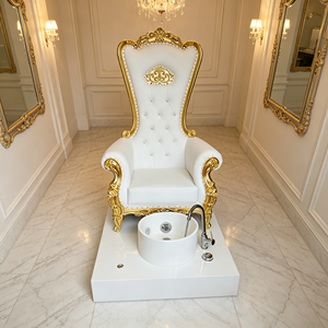 Fauteuil de pédicure sculpté Royal Gold, fauteuil de massage des pieds à dossier haut, en cuir PU blanc, station de pédicure avec bassin pour les pieds - Product Image 2