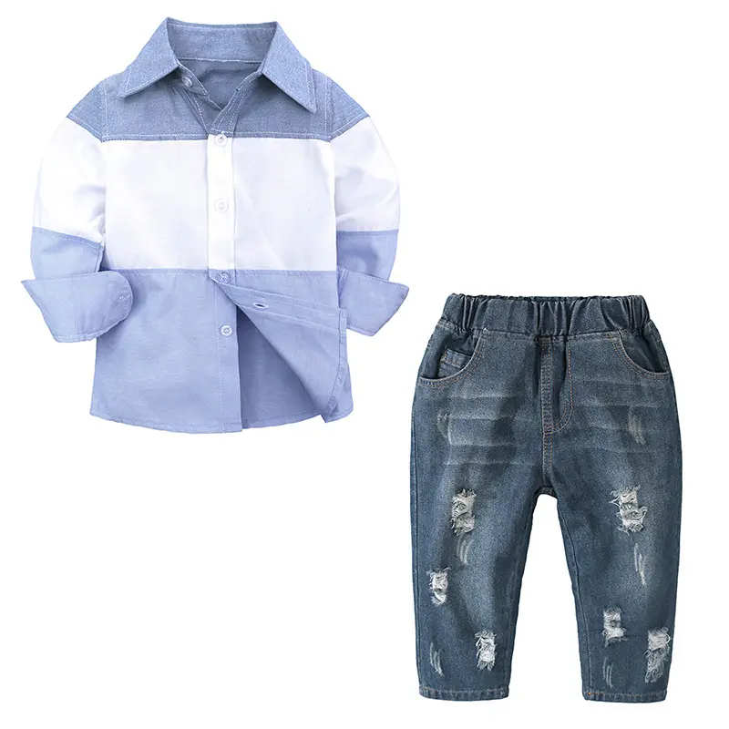 Primavera del Ragazzo Set di Abbigliamento per Bambini A Maniche Lunghe Signore Vestito Patchwork Shirt + Dei Jeans 2Pcs dei Capretti Dei Ragazzi Vestiti Casuali Set