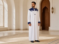 YSYL Thobe Pria Elegan, Jubah Panjang Islami Poliester Warna Blok Dengan Saku, Pakaian Muslim Pria untuk Pernikahan, Festival & Sehari-hari