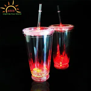 Customized Design Flashing Tumbler LED Light Up Double Wall Cup with Straw