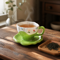 Ensemble tasse et soucoupe en céramique ondulée à motifs floraux peints à la main, 350 ml, vert, passe au lave-vaisselle et au micro-ondes, réutilisable, vaisselle de table pour le petit-déjeuner, cadeau