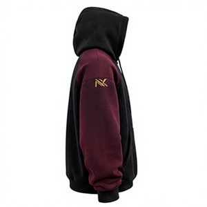 <b>Men's</b> Black <b>Burgundy</b> Color Block <b>Hoodie</b> Embroidered Logo Raglan Sleeve 100% Cotton Fleece Pullover Casual - Product Image 3