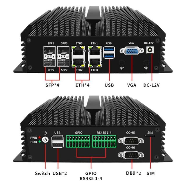Cheap Solid Fanless Firewall PC 4x10G SFP+ 4xi226-V 2.5G LAN Atom C3758 8 Core Home Server Soft Router Mini PC GPIO 6*COM AES-NI