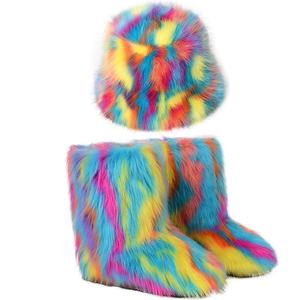 IDOIT vente chaude hiver chaud flou ensemble bottes en peluche colorées et chapeau <span class=keywords><strong>de</strong></span> pêcheur ensemble confortable femmes fourrure seau chapeau - Product Image 2