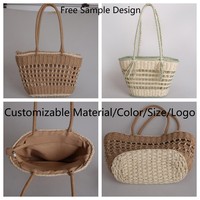 Sac fourre-tout en paille en papier personnalisé en usine sac de plage tissé de grande capacité évidé avec doublure à glissière pour les femmes