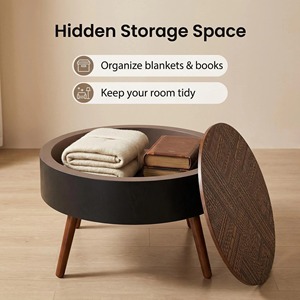 31.5-inch Round Modern Wood Coffee <b>Table</b> with <b>Storage</b> Function Engraved Tabletop for <b>Small</b> Spaces Living Room Furniture - Product Image 3