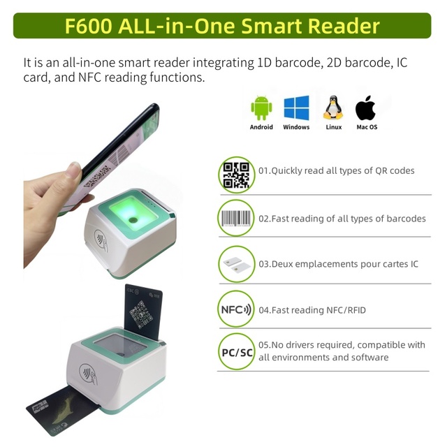 FUWEI Fast Scan 1D/2D Barcode Reader Mobile Payment NFC Dual IC Smart Reader Multi-functional USB Plug Play F600 in Stock