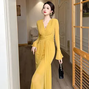 ZYHT 21105 European Gowns Formal Clothing Long Sleeve Yellow Black Evening Dresses for Women Lady Elegant Dinner Maxi Dresses