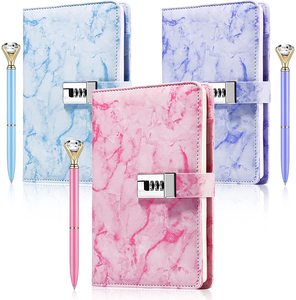 LABON Marble Lock PU Leather Girls A5 Journal Password Diary With Diamond Pens For Women