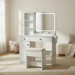 Makeup <b>Vanity</b> with Upholstered Stool & Charging Station, Desk Mirror and Smart Lights, <b>Table</b> Set White - Product Image 1