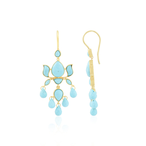 Turquoise Cabochon Lotus Chandelier <b>Earrings</b> in Yellow <b>Gold</b> Elegant 18k yellow <b>gold</b> <b>dangle</b> <b>earrings</b> feature a floral motif set - Product Image 3