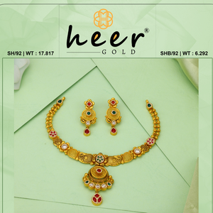 Gold <b>Statement</b> <b>Necklace</b> Set With Red Green Zircon Bezel Setting 22K Gold Womens Wedding Jewelry - Product Image 2